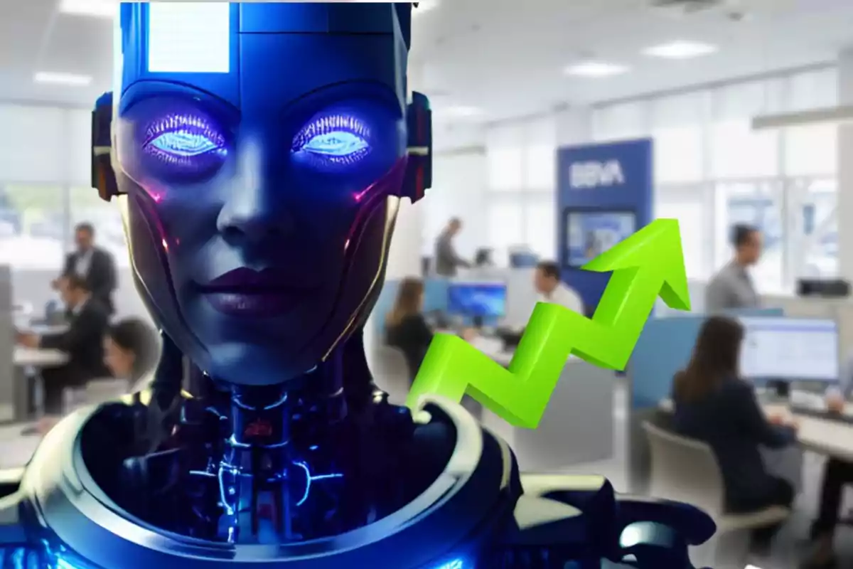 Un robot futurista amb llums blaves al rostre apareix en primer pla dins d’una oficina moderna amb persones treballant i un logotip de BBVA al fons, al costat d’una fletxa verda ascendent que simbolitza creixement o èxit.