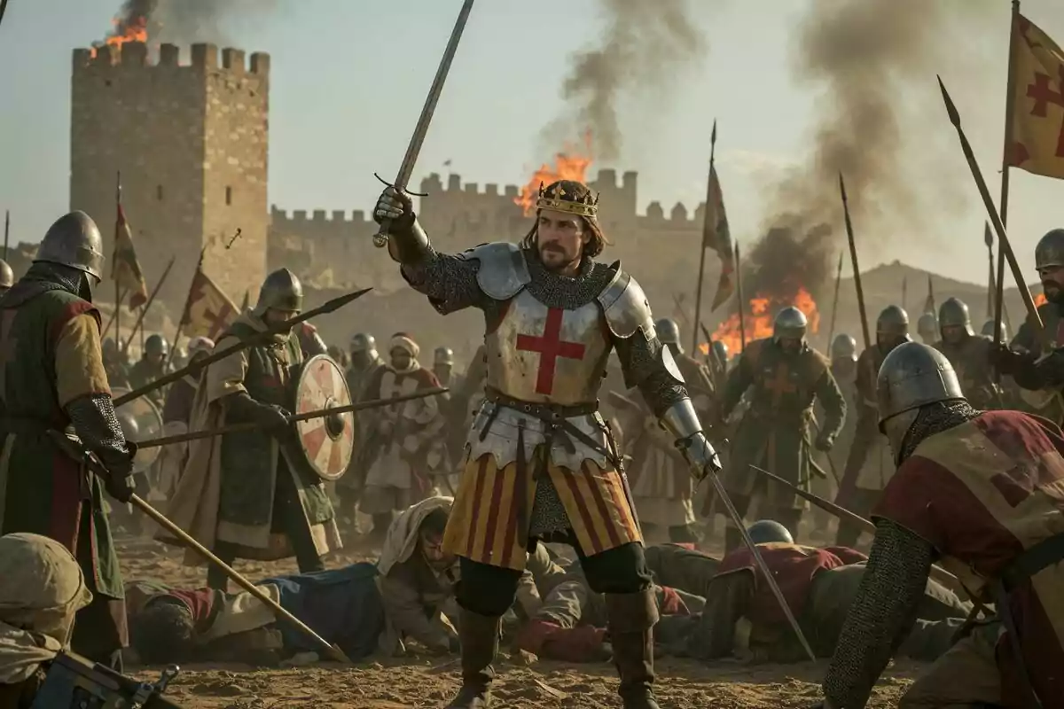 Un cavaller medieval amb armadura i corona lidera un grup de soldats en una batalla davant d’un castell en flames. Un cavaller medieval amb armadura i corona lidera un grup de soldats en una batalla davant d’un castell en flames.