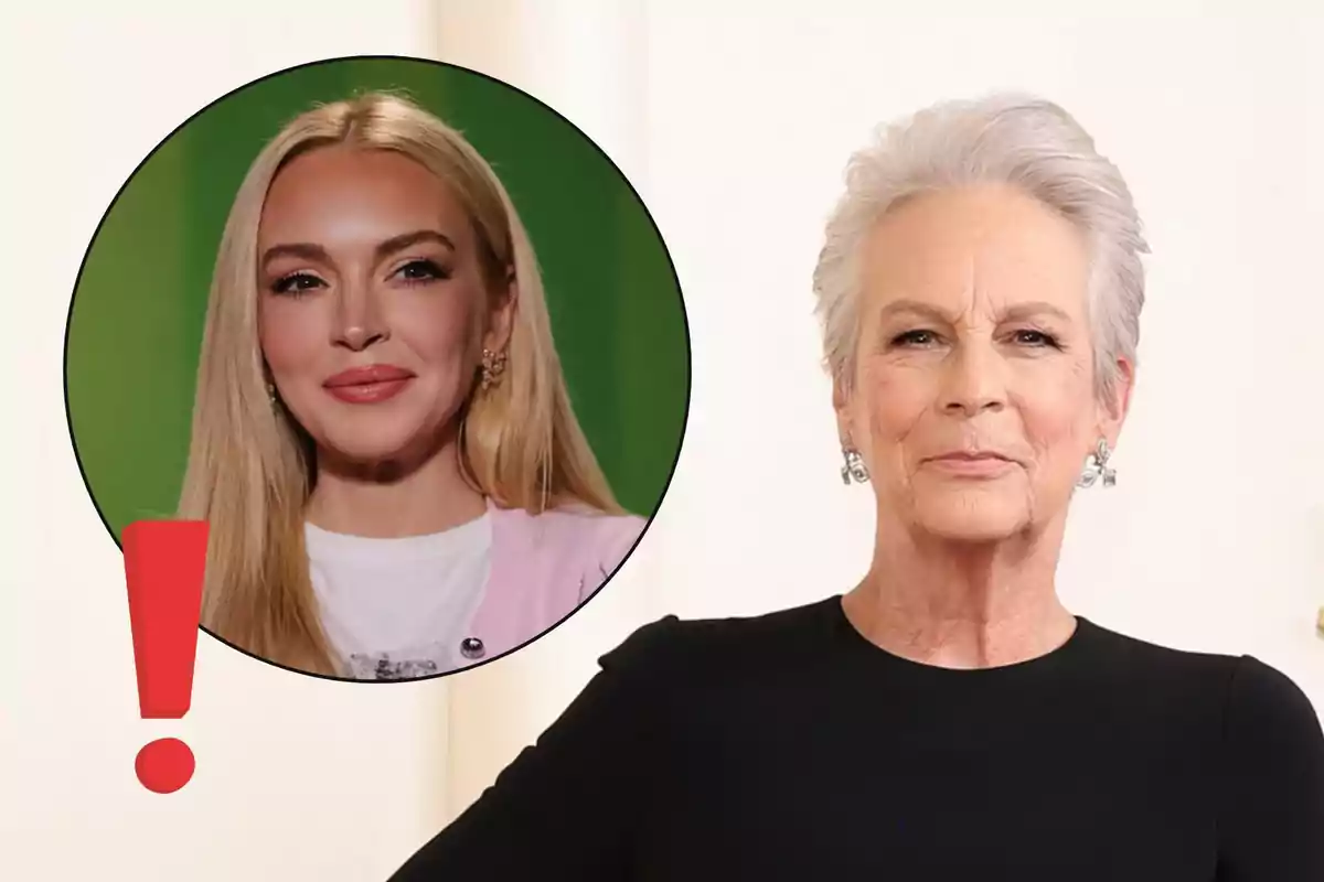 Jamie Lee Curtis de cabello canoso y corto viste de negro mientras al fondo aparece un círculo con la imagen de Lindsay Lohan rubia y un signo de exclamación rojo.