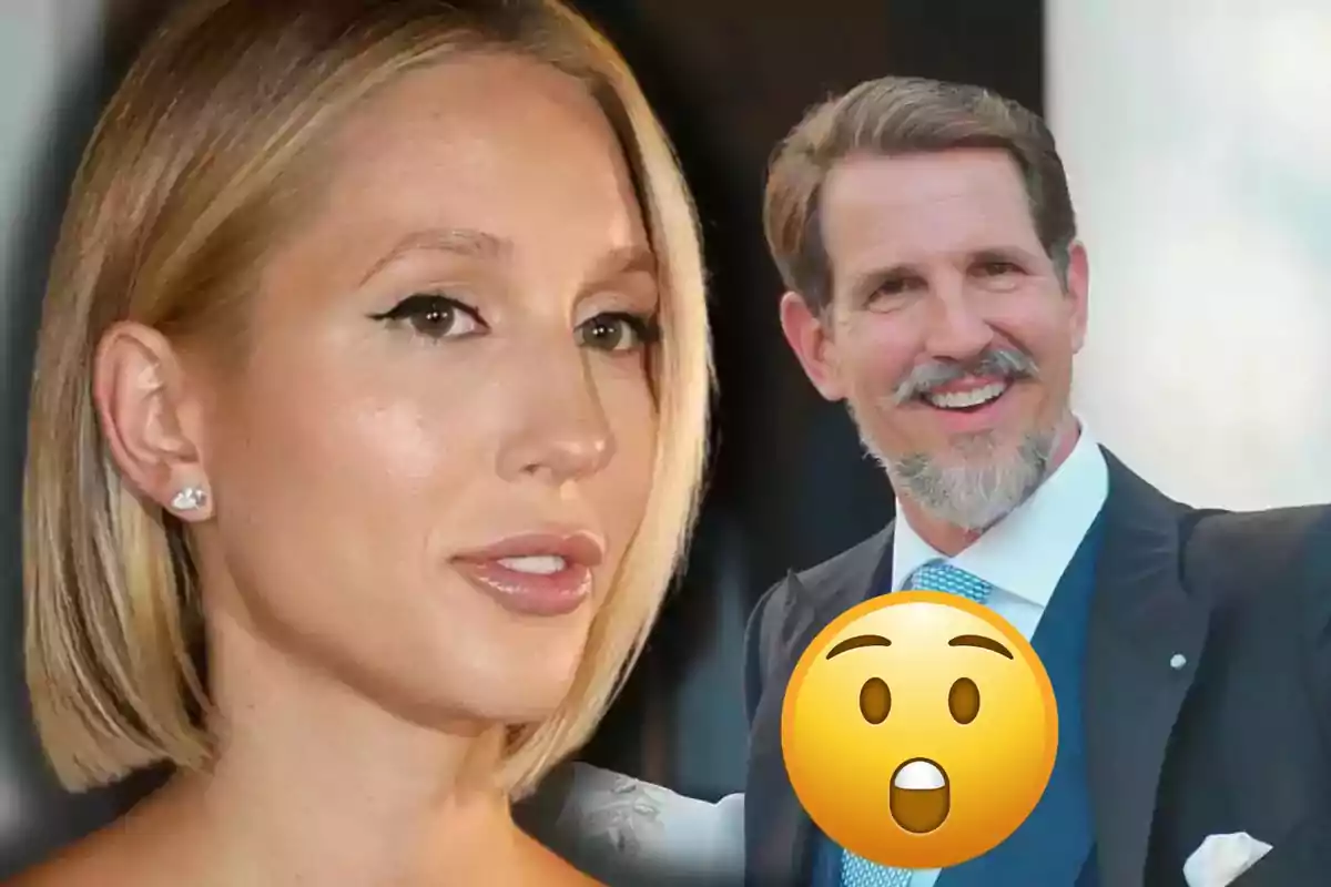 Olympia de Grecia de cabello rubio corto y el príncipe Pablo de barba canosa sonriente al fondo con un emoji de sorpresa en primer plano