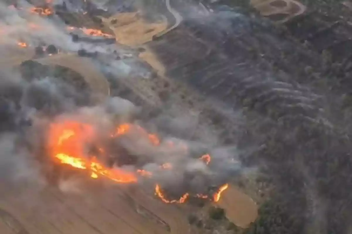 Incendio forestal visto desde el aire con llamas intensas y humo cubriendo una zona de campo y vegetación