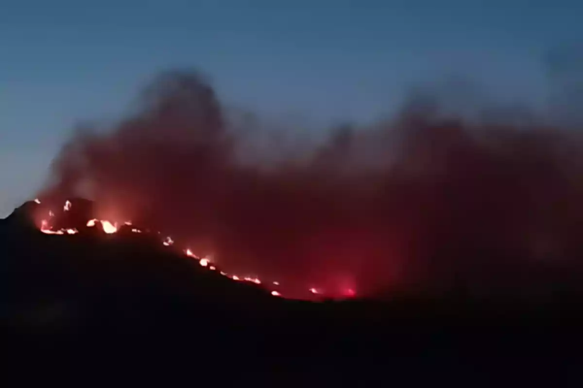 Incendi forestal en una muntanya durant la nit amb fum dens i flames visibles Incendi forestal en una muntanya durant la nit amb fum dens i flames visibles