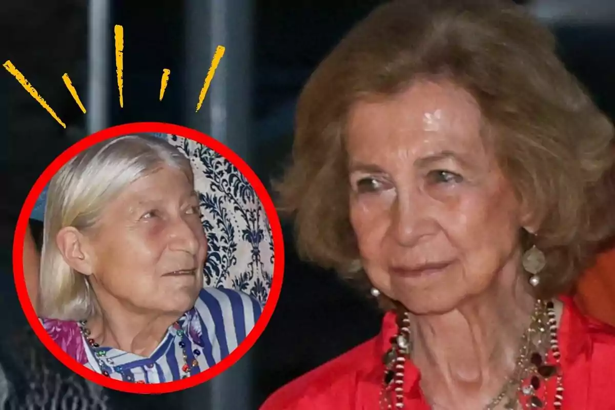 La reina Sofía i Tatiana Radziwill, una de cabell ros i una altra de cabell castany, apareixen a la imatge; la dona rossa és dins d’un cercle vermell decorat amb línies grogues i la dona de cabell castany porta un collaret i una brusa vermella.