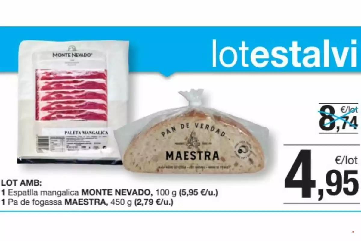 Oferta d’un lot que inclou una safata d’espatlla mangalica Monte Nevado i un pa de veritat Maestra amb el preu rebaixat a 4,95 euros Oferta d’un lot que inclou una safata d’espatlla mangalica Monte Nevado i un pa de veritat Maestra amb el preu rebaixat a 4,95 euros