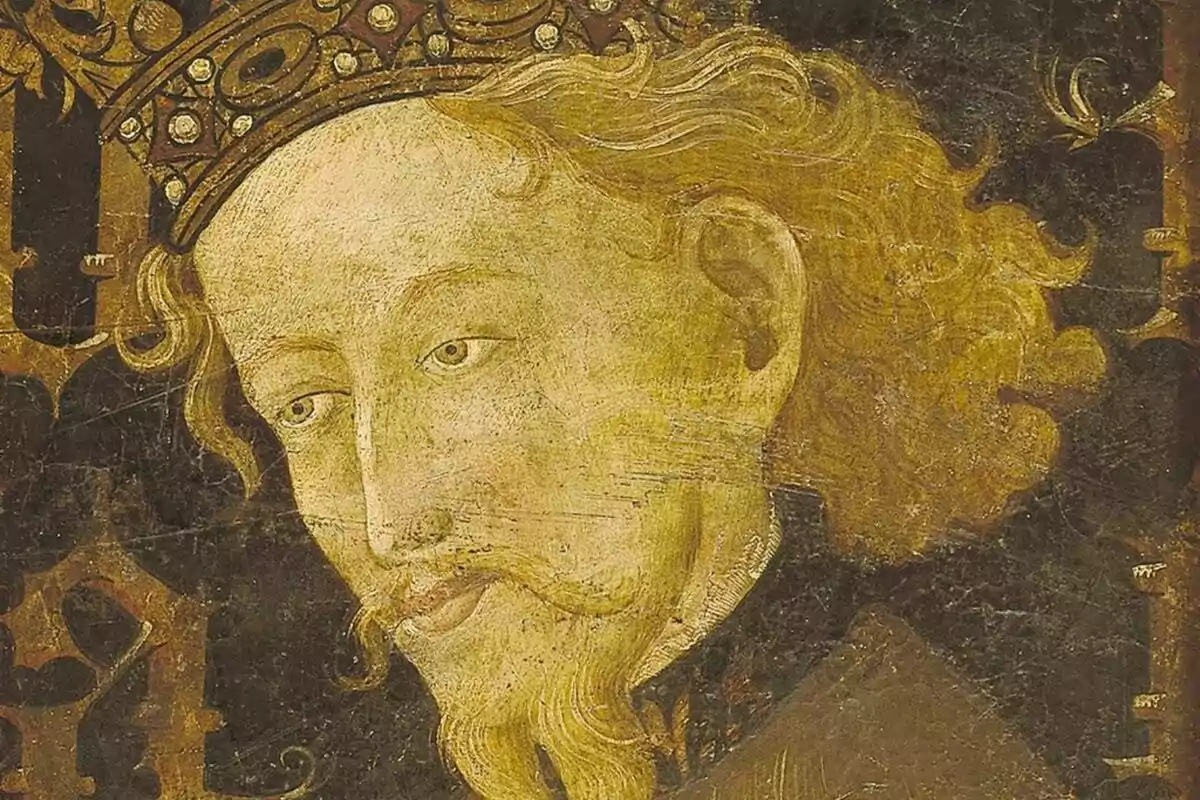 Pintura antiga d’un home amb barba i corona mirant cap avall amb expressió serena