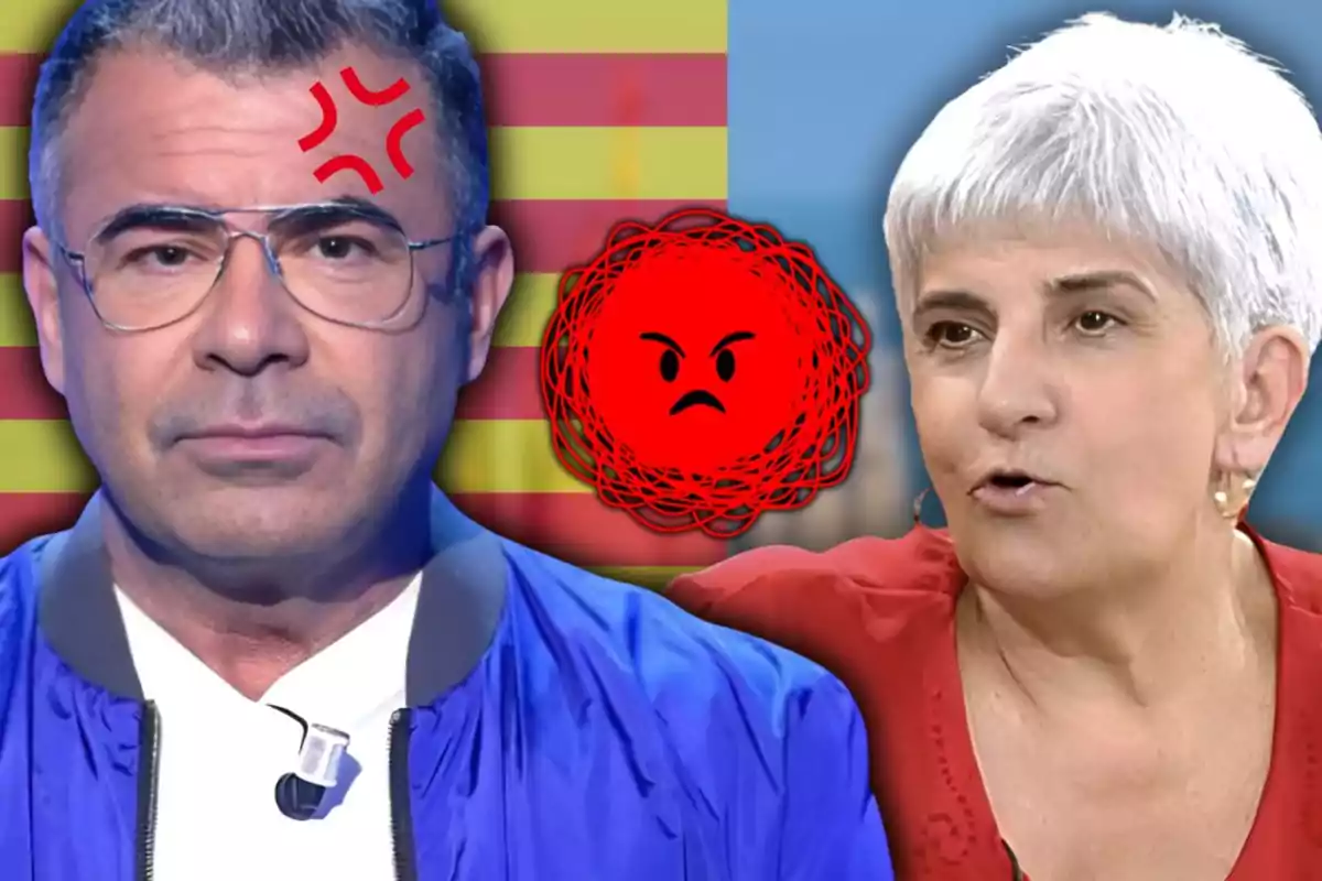 Un home amb ulleres i expressió seriosa al costat d’una dona de cabell curt i canós amb un fons de bandera i un símbol d’enuig vermell entre ells