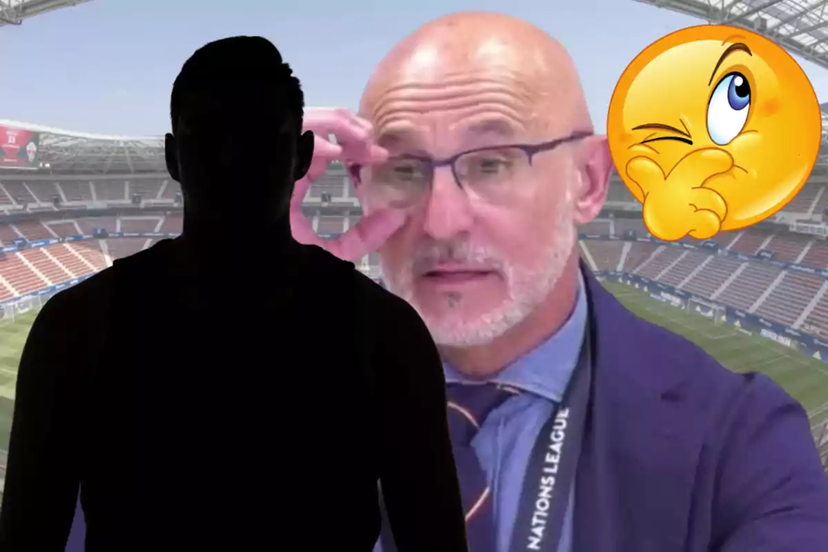 Un home en silueta davant d’un estadi, amb un home calb de fons portant ulleres i un emoji pensatiu a la dreta.