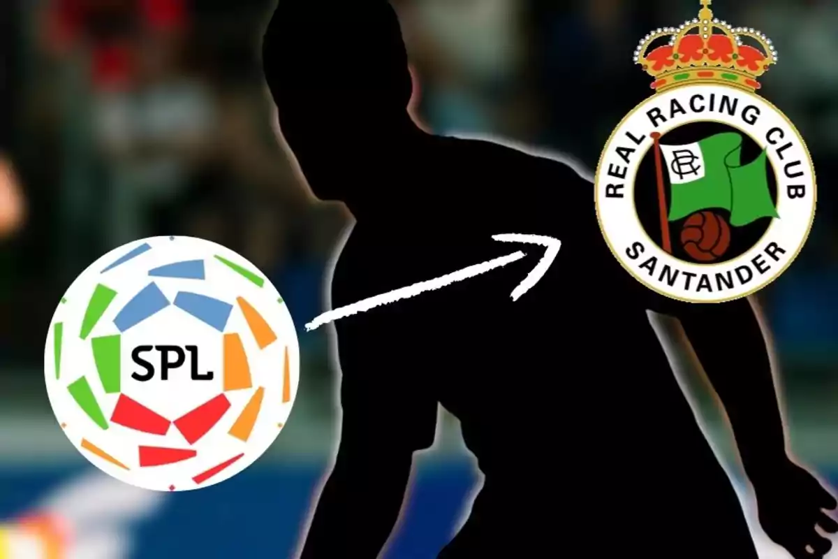 Silueta de un futbolista con el logo de la Saudi Pro League a la izquierda y el escudo del Real Racing Club de Santander a la derecha unidos por una flecha blanca