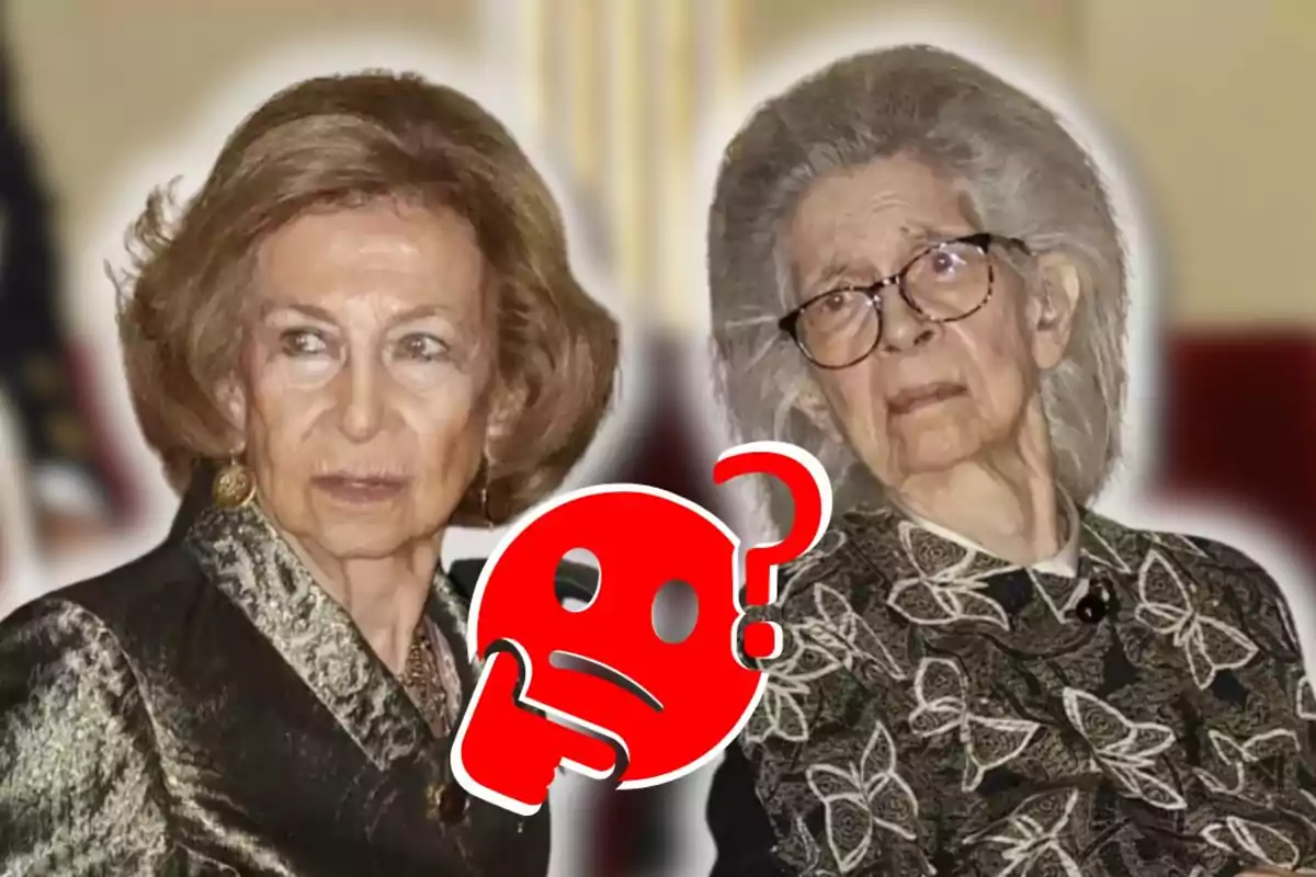Dos mujeres mayores con expresiones serias y un emoji rojo de cara pensativa con signo de interrogación en el centro