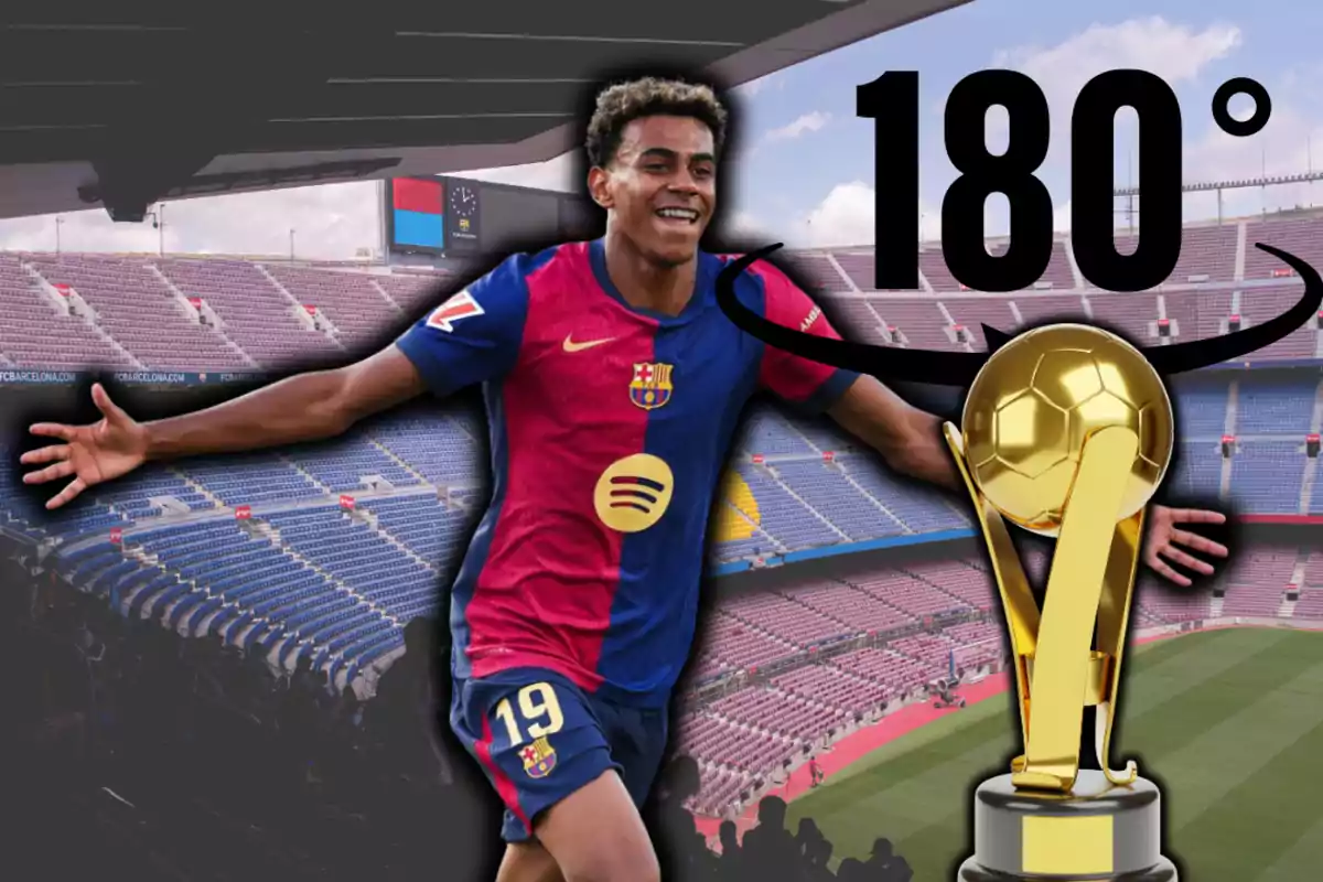 Futbolista del Barcelona celebrant amb els braços oberts en un estadi buit, acompanyat d’un trofeu daurat i el número 180° en gran.