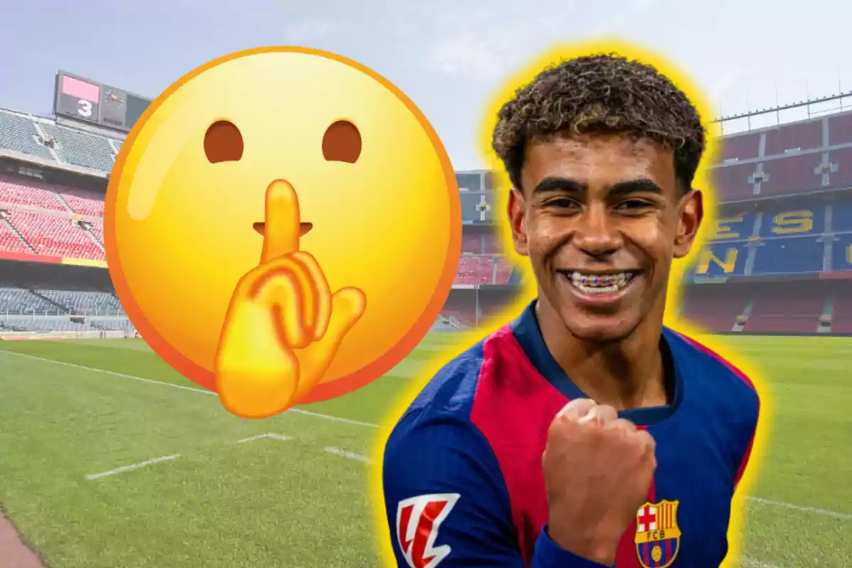 Un joven futbolista sonriente con uniforme del Barcelona celebra en un estadio mientras un emoji de silencio aparece a su lado