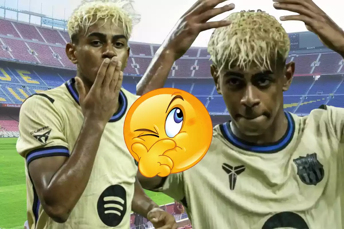 Dos imágenes de un futbolista con cabello rubio y camiseta beige del Barcelona en un estadio, con un emoji pensativo en el centro