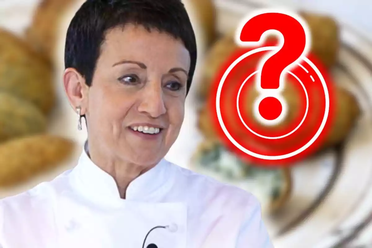 Xef somrient amb jaqueta blanca davant d’un plat de menjar desenfocat i un gran signe d’interrogació vermell
