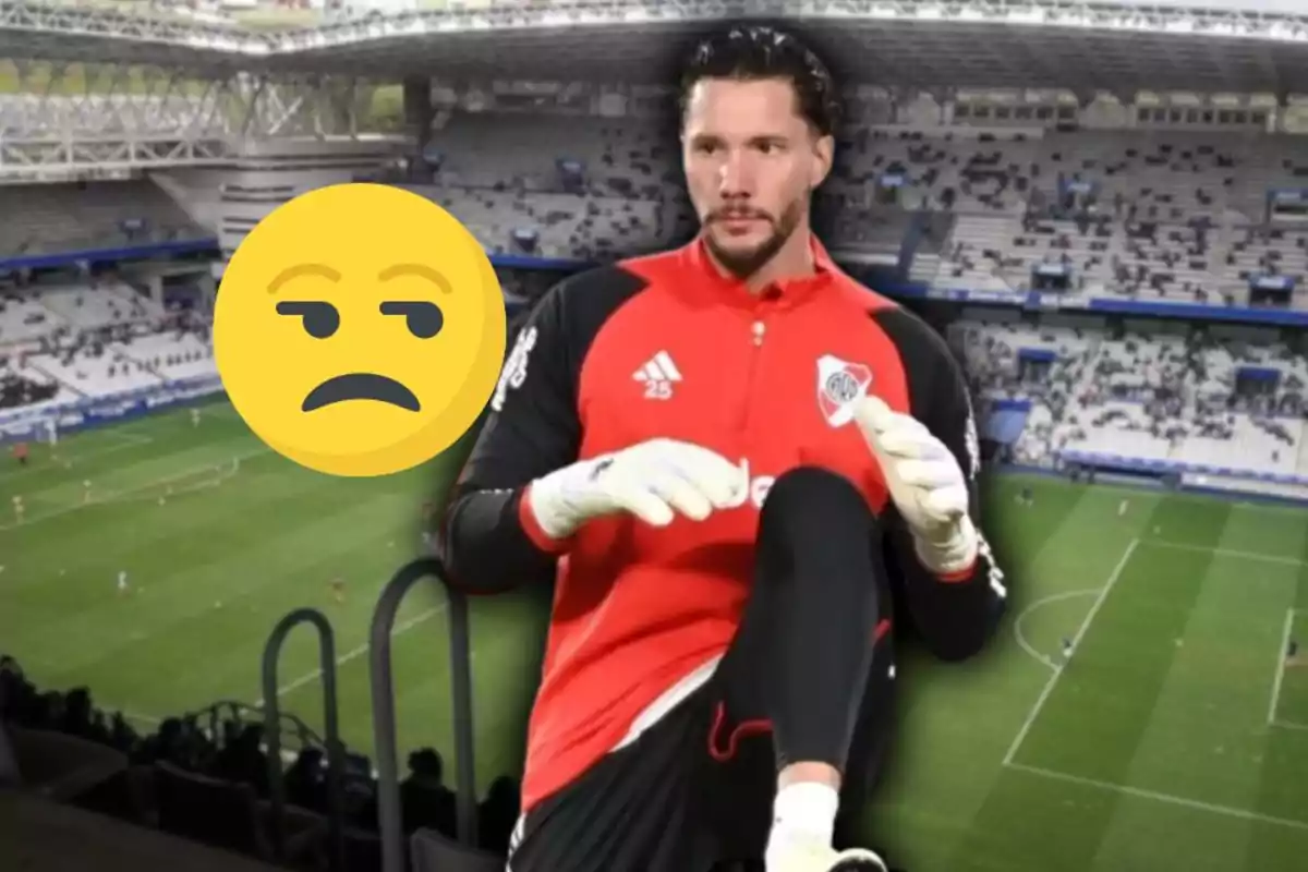 Portero con uniforme de River Plate y guantes de arquero en un estadio de fútbol con una cara de emoji de desagrado al lado Portero con uniforme de River Plate y guantes de arquero en un estadio de fútbol con una cara de emoji de desagrado al lado
