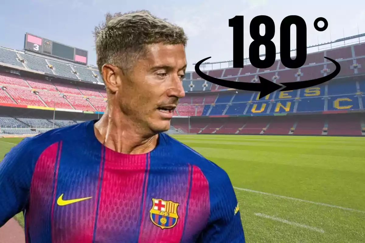Futbolista amb samarreta del Barcelona en un estadi amb grades buides i un gràfic de gir de 180 graus sobre la seva espatlla