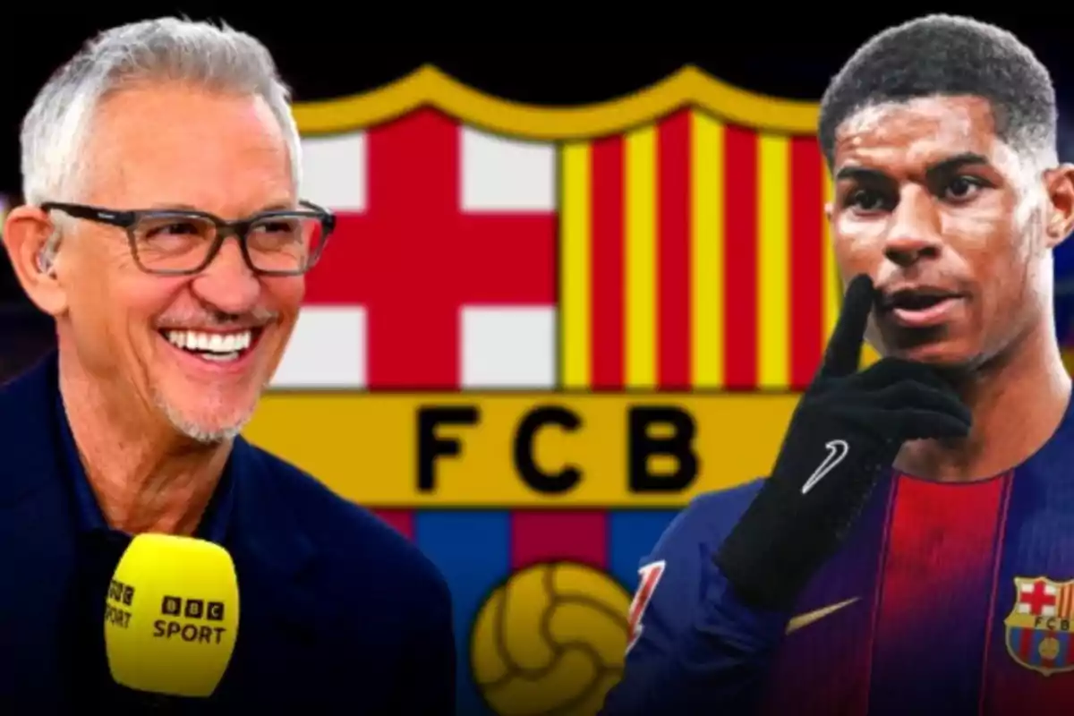 Un presentador somrient amb un micròfon de BBC Sport i un futbolista amb l’uniforme del Barcelona apareixen davant de l’escut del FC Barcelona.