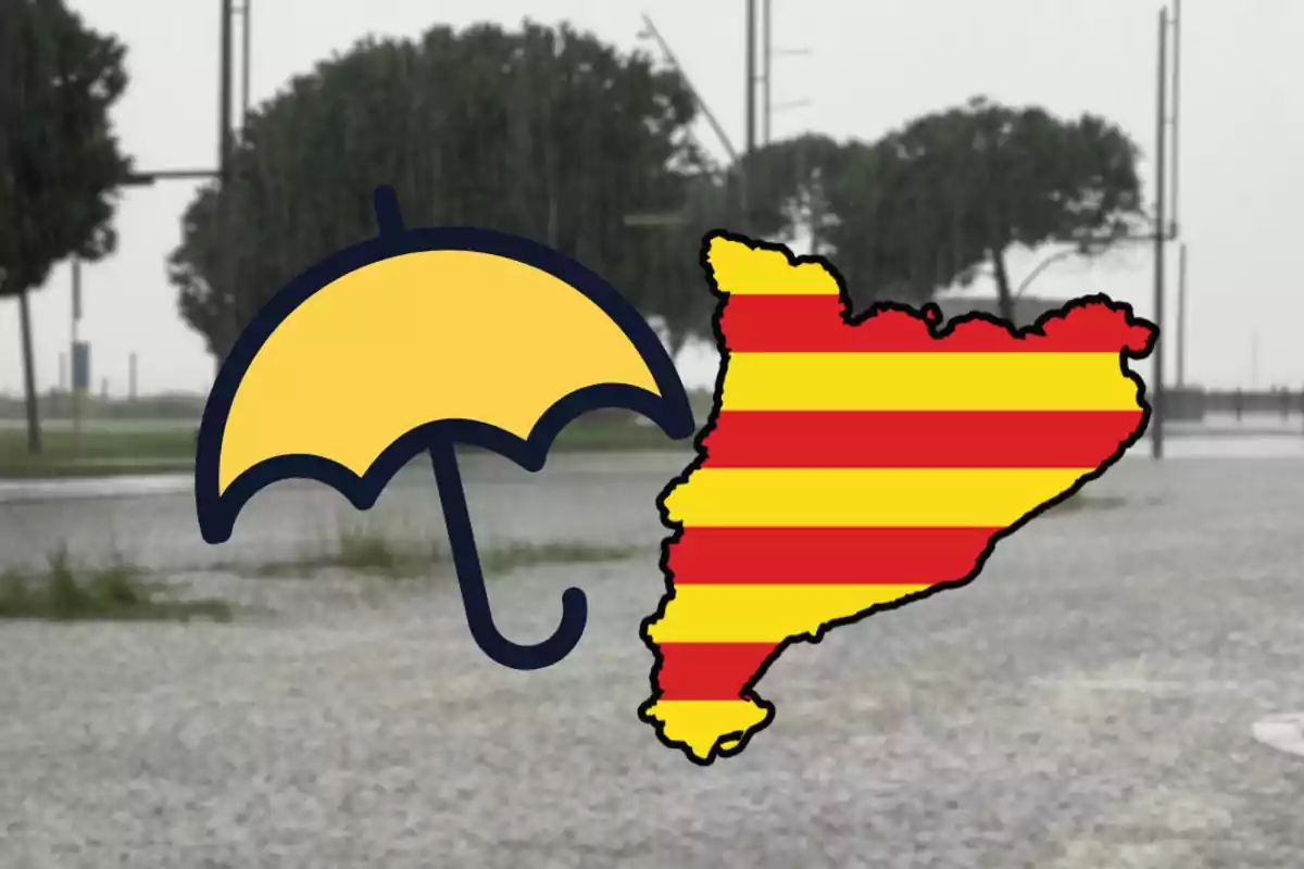 Un paraigua groc al costat de la silueta de Catalunya amb un fons de pluja intensa.