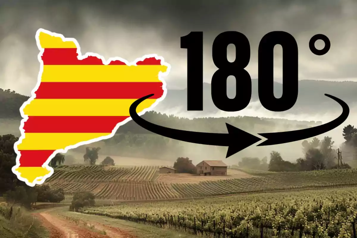 Mapa de Catalunya amb franges vermelles i grogues girat 180 graus sobre un paisatge rural amb vinyes i cases sota un cel ennuvolat