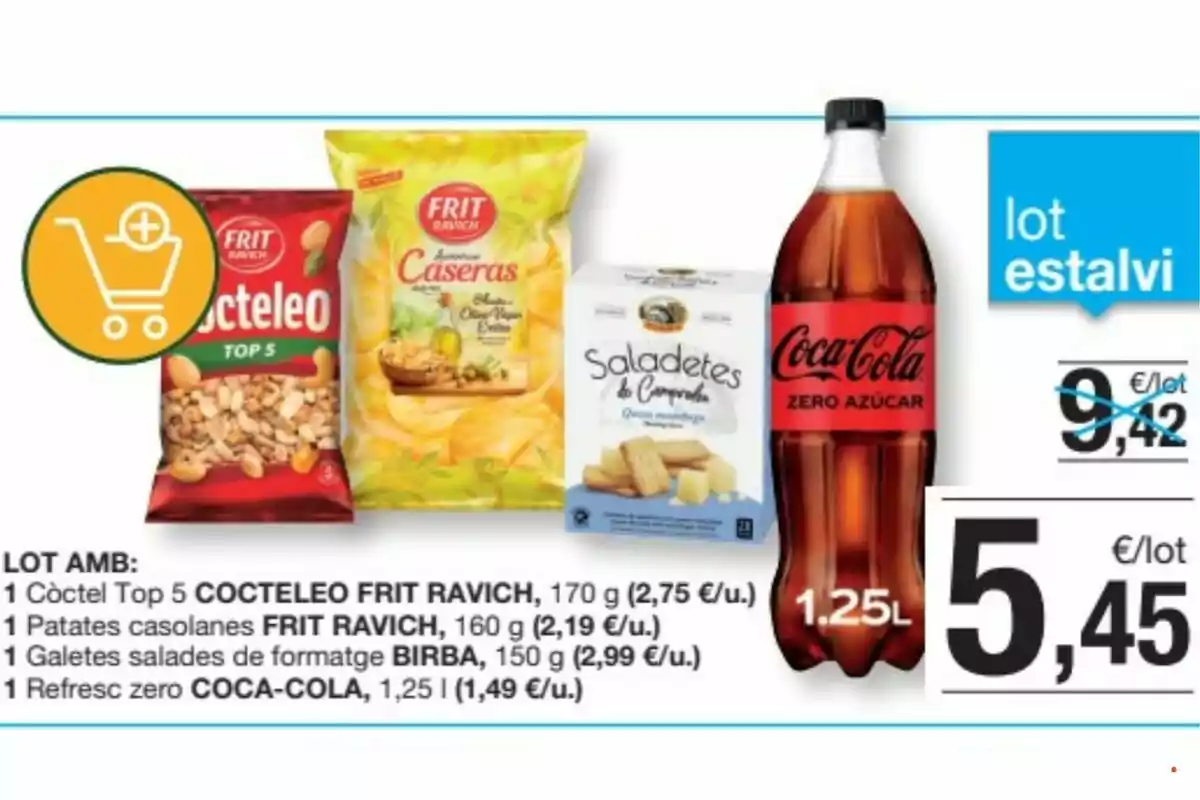 Lot de productes en oferta que inclou una bossa de fruits secs, una bossa de patates fregides, una capsa de galetes salades i una ampolla de Coca-Cola Zero Sucre d’1,25 litres, amb el preu rebaixat a 5,45 euros. Lot de productes en oferta que inclou una bossa de fruits secs, una bossa de patates fregides, una capsa de galetes salades i una ampolla de Coca-Cola Zero Sucre d’1,25 litres, amb el preu rebaixat a 5,45 euros.