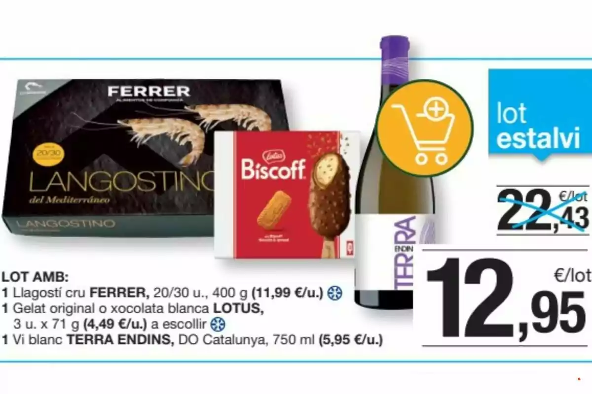 Oferta de lot de supermercat que inclou una caixa de llagostins Ferrer, un paquet de gelats Biscoff i una ampolla de vi blanc Terra Endins per 12,95 euros Oferta de lot de supermercat que inclou una caixa de llagostins Ferrer, un paquet de gelats Biscoff i una ampolla de vi blanc Terra Endins per 12,95 euros