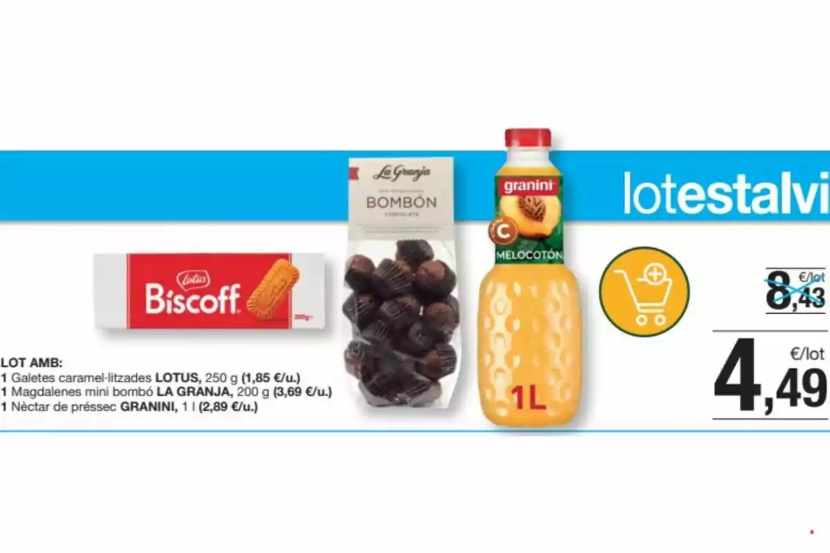 Pack de galetes Lotus Biscoff, magdalenes mini bombó La Granja i nèctar de préssec Granini d’un litre en oferta per 4,49 euros Pack de galetes Lotus Biscoff, magdalenes mini bombó La Granja i nèctar de préssec Granini d’un litre en oferta per 4,49 euros