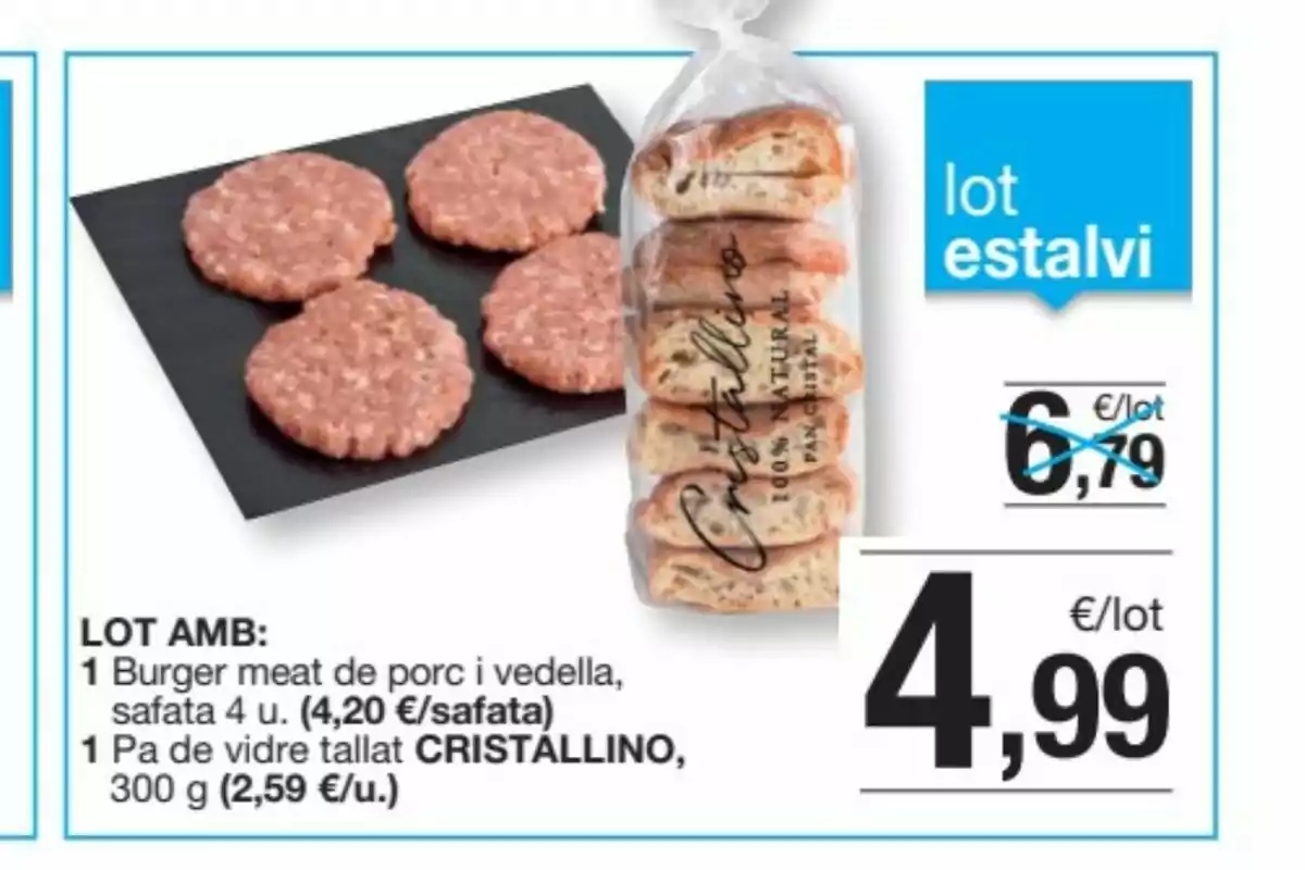 Oferta d’hamburgueses de porc i vedella amb un paquet de pa de vidre tallat per 4,99 euros Oferta d’hamburgueses de porc i vedella amb un paquet de pa de vidre tallat per 4,99 euros