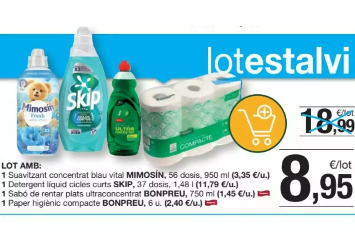 Imatge d’una promoció de productes de neteja i paper higiènic amb un preu rebaixat a 8,95 euros per lot Imatge d’una promoció de productes de neteja i paper higiènic amb un preu rebaixat a 8,95 euros per lot