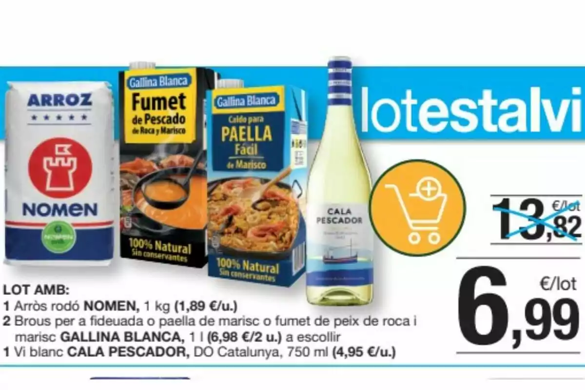 Pack d’arròs Nomen, brou per a paella i fumet de peix Gallina Blanca i una ampolla de vi blanc Cala Pescador en oferta per 6,99 euros