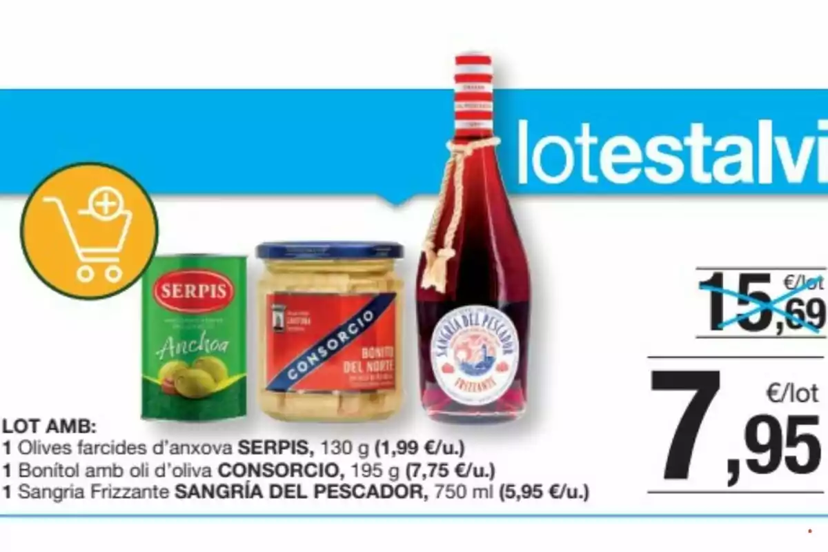 Oferta de lot estalvi amb olives farcides d’anxova Serpis, bonítol del nord en oli d’oliva Consorcio i sangria frizzant Sangría del Pescador per 7,95 euros Oferta de lot estalvi amb olives farcides d’anxova Serpis, bonítol del nord en oli d’oliva Consorcio i sangria frizzant Sangría del Pescador per 7,95 euros