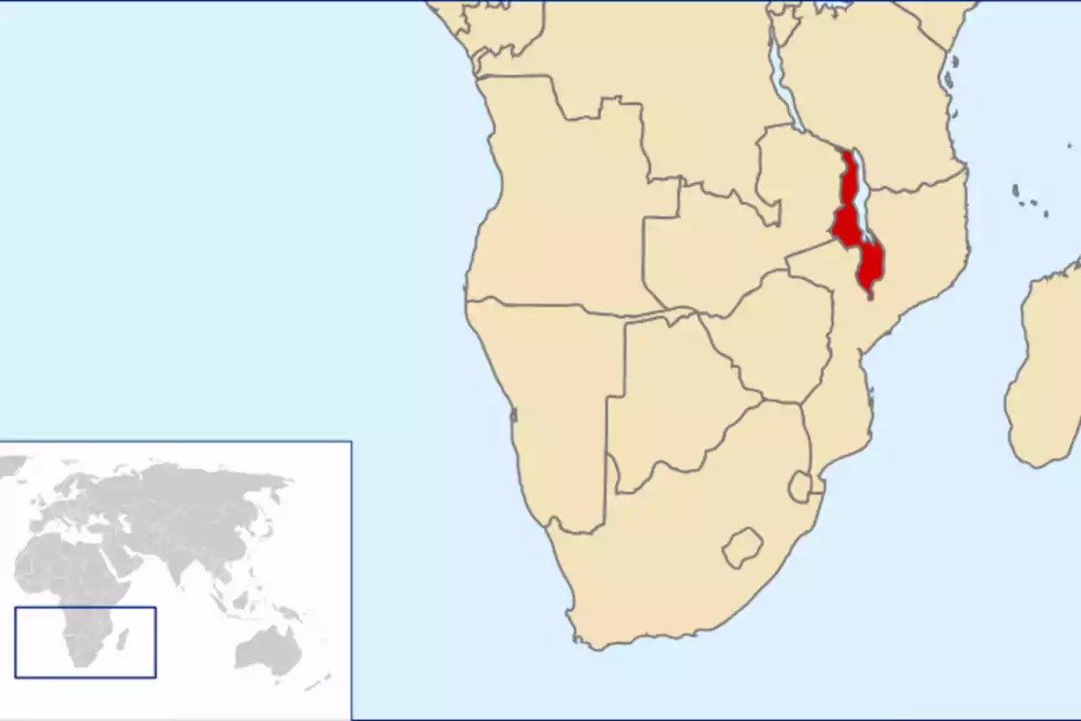 Mapa de la zona sud d’Àfrica amb Malawi assenyalada Mapa de la zona sud d’Àfrica amb Malawi assenyalada