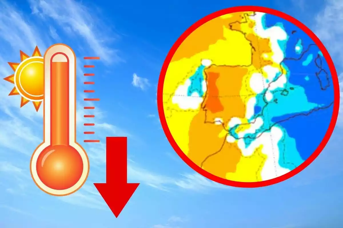 Termòmetre amb fletxa vermella cap avall al costat d’un mapa de temperatures sobre la península Ibèrica i un fons de cel blau