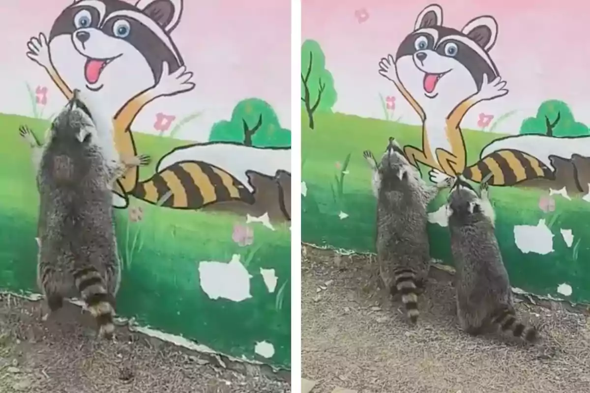 Dos mapaches se acercan a una pared pintada con un dibujo de un mapache animado que parece saludarlos con los brazos abiertos, imitando su pose.