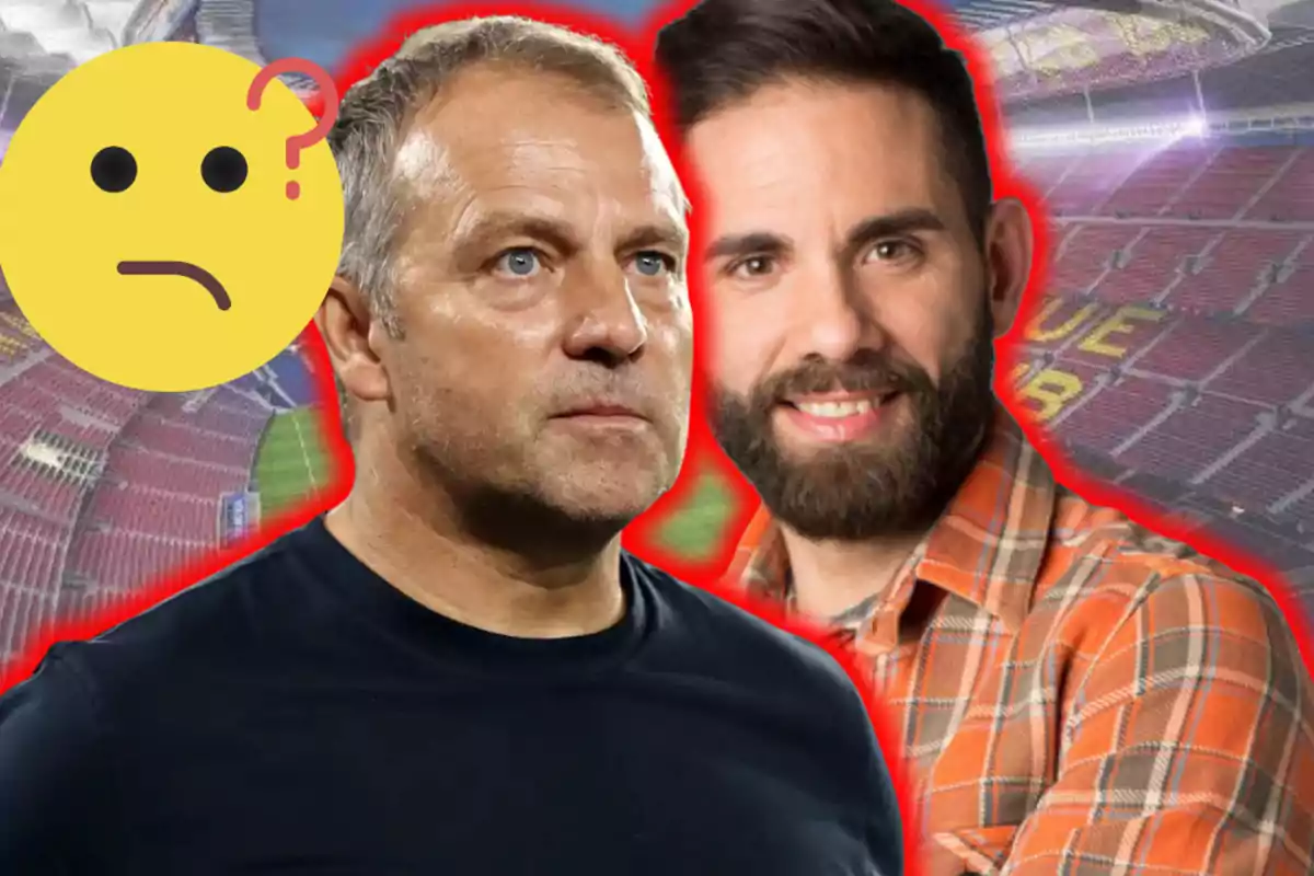 Dos homes en primer pla amb un emoji de cara pensativa al fons i un estadi de futbol desenfocat