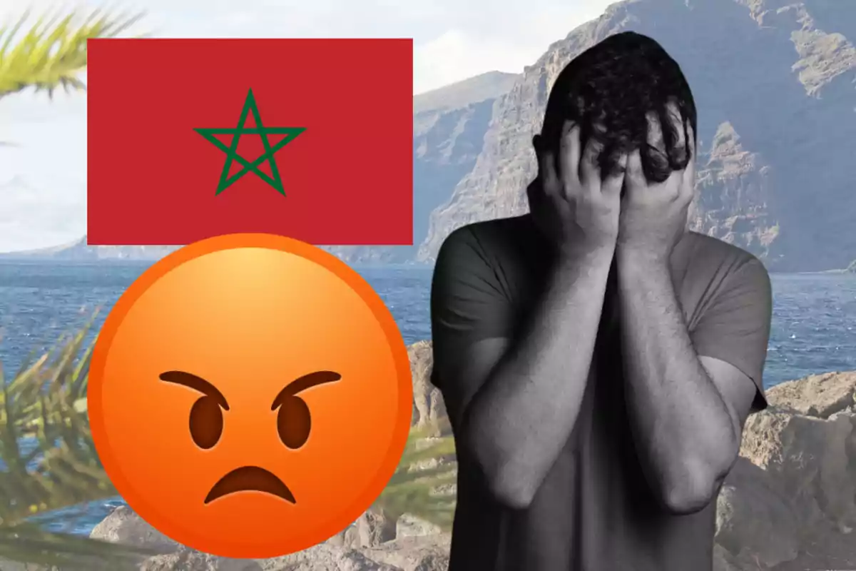 Hombre cubriéndose el rostro con las manos junto a una bandera de Marruecos y un emoji de enojo frente a un paisaje de mar y montañas