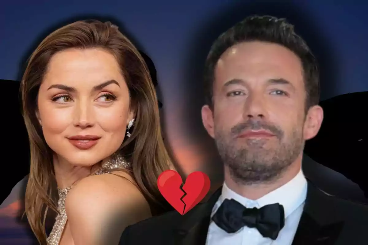 Ana de Armas y Ben Affleck vestidos de gala con un corazón roto entre ellos sobre un fondo oscuro.