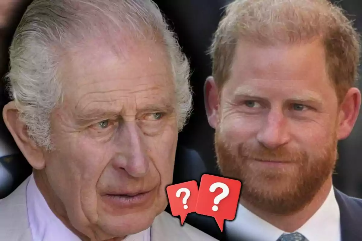 Muntatge de fotos de dos homes, que són el príncep Harry i Carles III, mirant-se amb expressions serioses i dos ícons de signes d’interrogació entre ells.