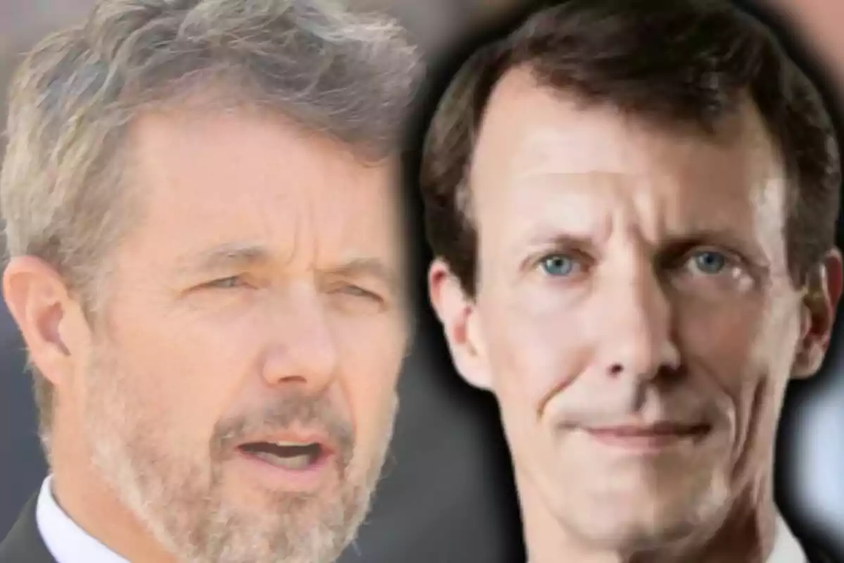 Dos homes de mitjana edat amb cabell curt i barba, un amb expressió seriosa que és Frederic de Dinamarca i l’altre amb expressió neutral que és Joaquim de Dinamarca, apareixen junts a la imatge.