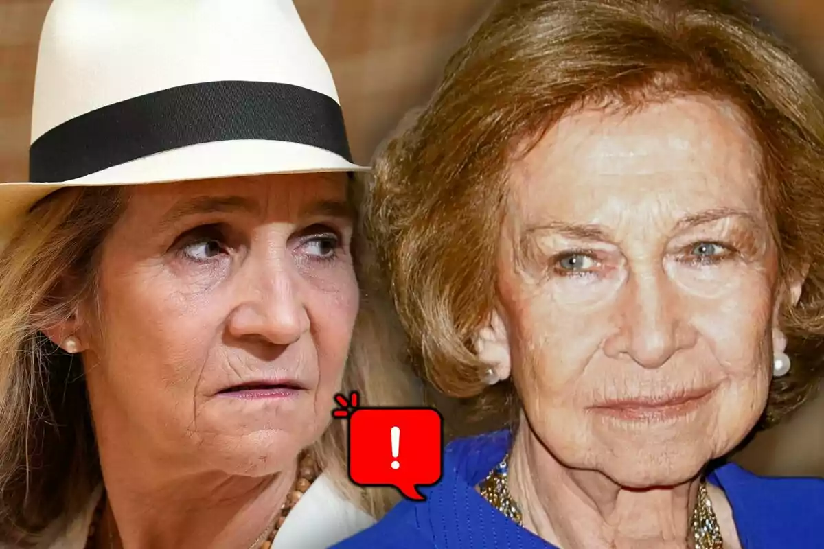 Two older women appear in the foreground, one wearing a white hat, who is Infanta Elena, and the other dressed in blue, who is Queen Sofía; between them there is a red icon with an exclamation mark.