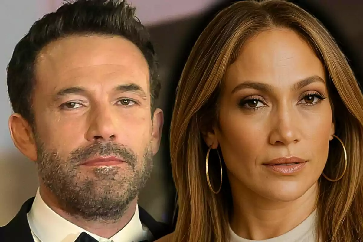 Muntatge de fotos en primer pla de Ben Affleck i Jennifer López, tots dos amb expressió seriosa.