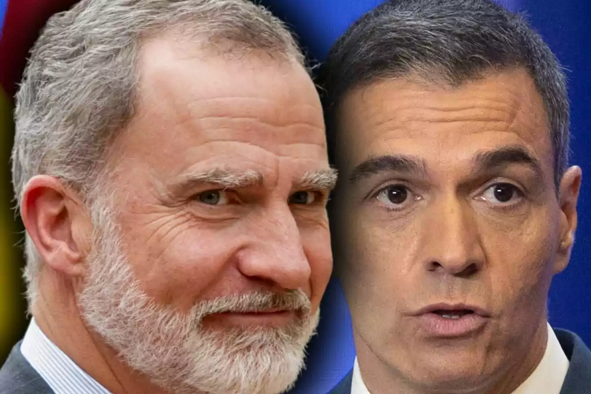 Photo montage of Pedro Sánchez and King Felipe of Bourbon, both with serious expressions appear together in the foreground.