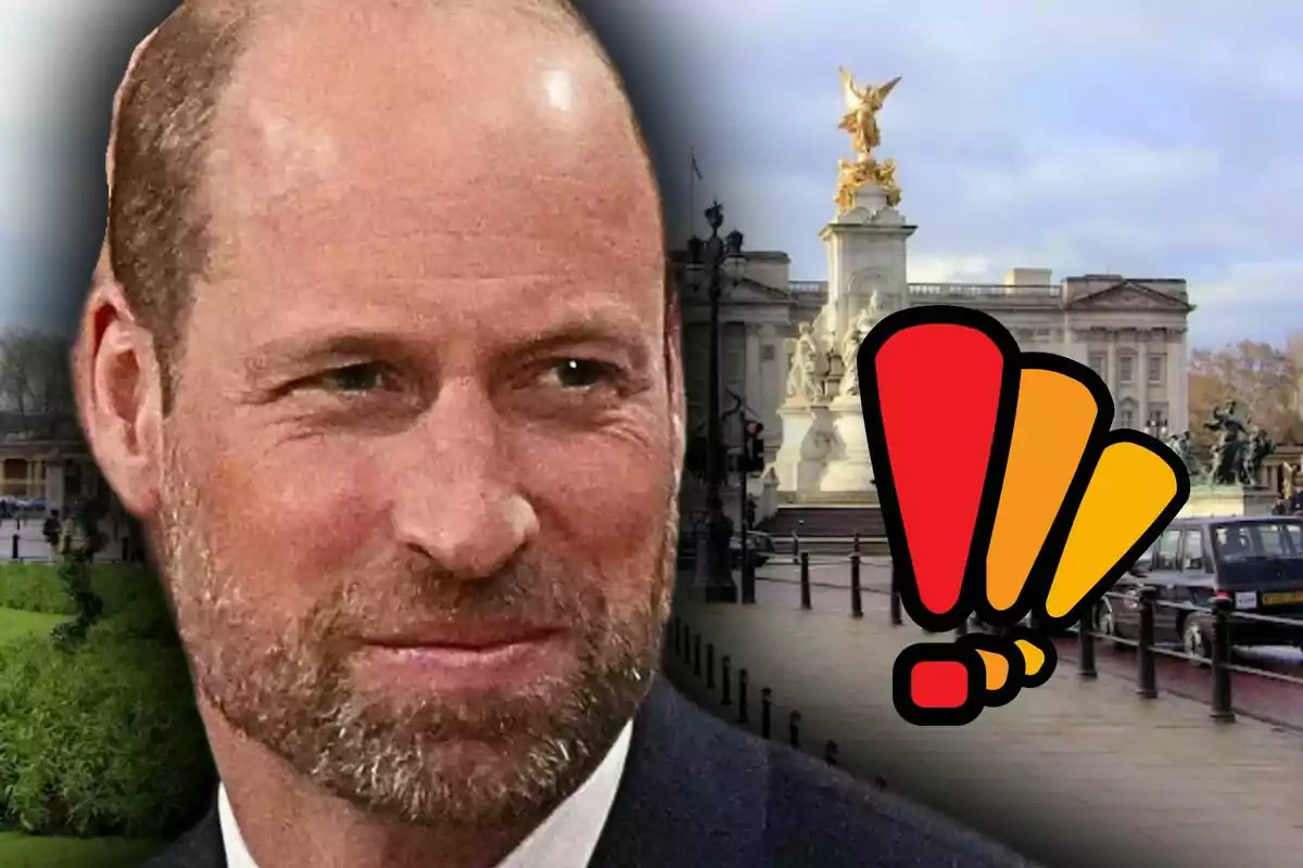 Primer plano del príncipe Guillermo con barba frente al Palacio de Buckingham y un ícono de exclamación en colores rojo y amarillo.