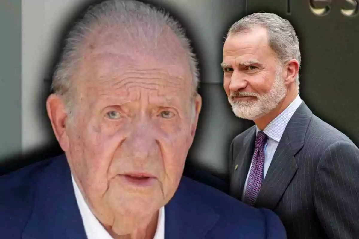 El rei emèrit Joan Carles I i el rei Felip VI amb barba i cabells canosos, Joan Carles en primer pla amb expressió seriosa i Felip al fons amb vestit i corbata somrient lleument. El rei emèrit Joan Carles I i el rei Felip VI amb barba i cabells canosos, Joan Carles en primer pla amb expressió seriosa i Felip al fons amb vestit i corbata somrient lleument.