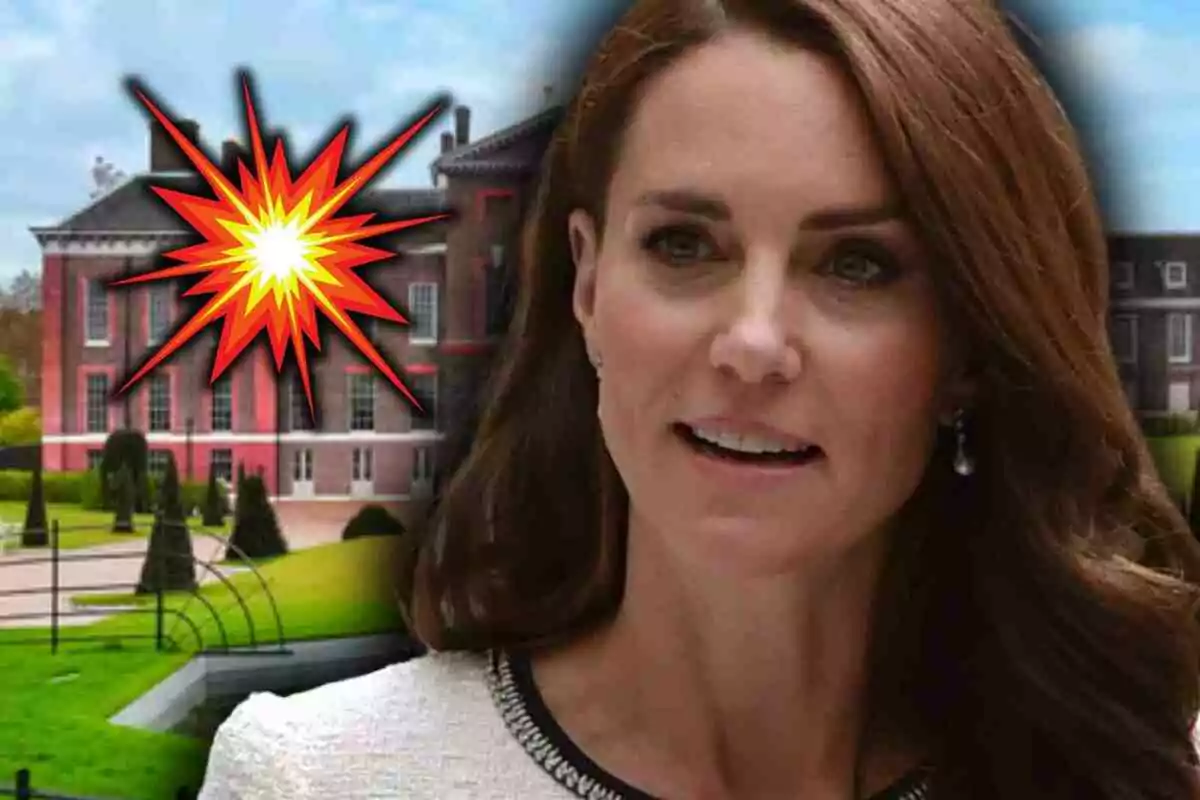 Kate Middleton apareix en primer pla amb un edifici antic de fons i un gràfic d’explosió sobre la façana.