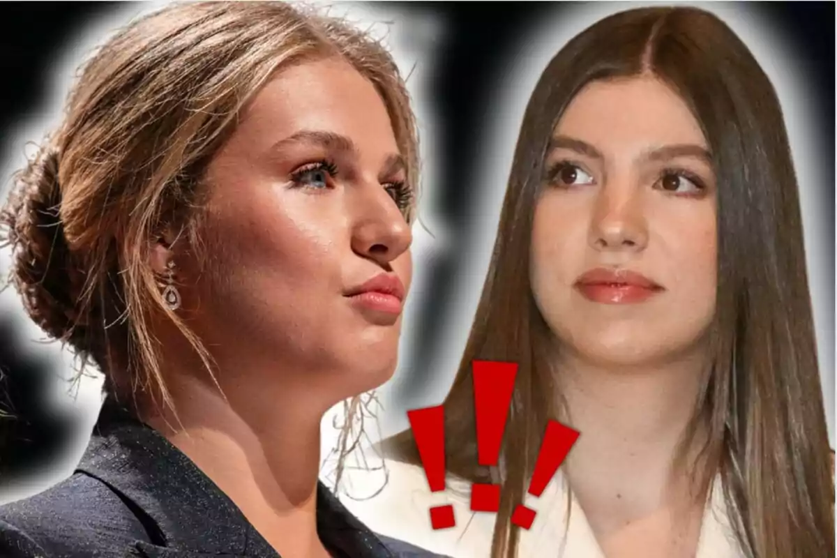 La princesa Leonor y la infanta Sofía mirándose con expresiones serias y tres signos de exclamación rojos entre ellas