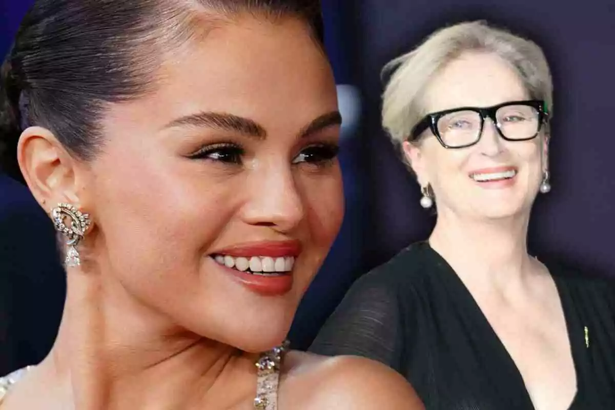 Selena Gómez i Meryl Streep somrients posen en un esdeveniment elegant, Selena en primer pla amb maquillatge i arracades brillants i Meryl al fons amb ulleres i vestit negre.