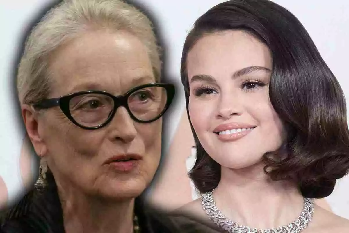 Meryl Streep i Selena Gomez, Meryl amb ulleres i cabells canosos i Selena amb cabells foscos i pentinat elegant, totes dues mirant cap endavant. Meryl Streep i Selena Gomez, Meryl amb ulleres i cabells canosos i Selena amb cabells foscos i pentinat elegant, totes dues mirant cap endavant.