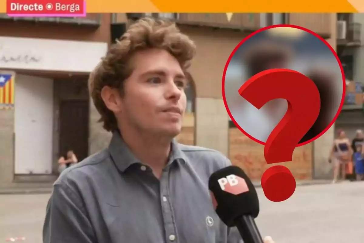 Un jove és entrevistat al carrer mentre sosté un micròfon amb les lletres PB i a la cantonada superior esquerra apareix un requadre que indica una transmissió en directe des de Berga; a més, hi ha un cercle amb un signe d’interrogació vermell sobre una imatge borrosa al fons.