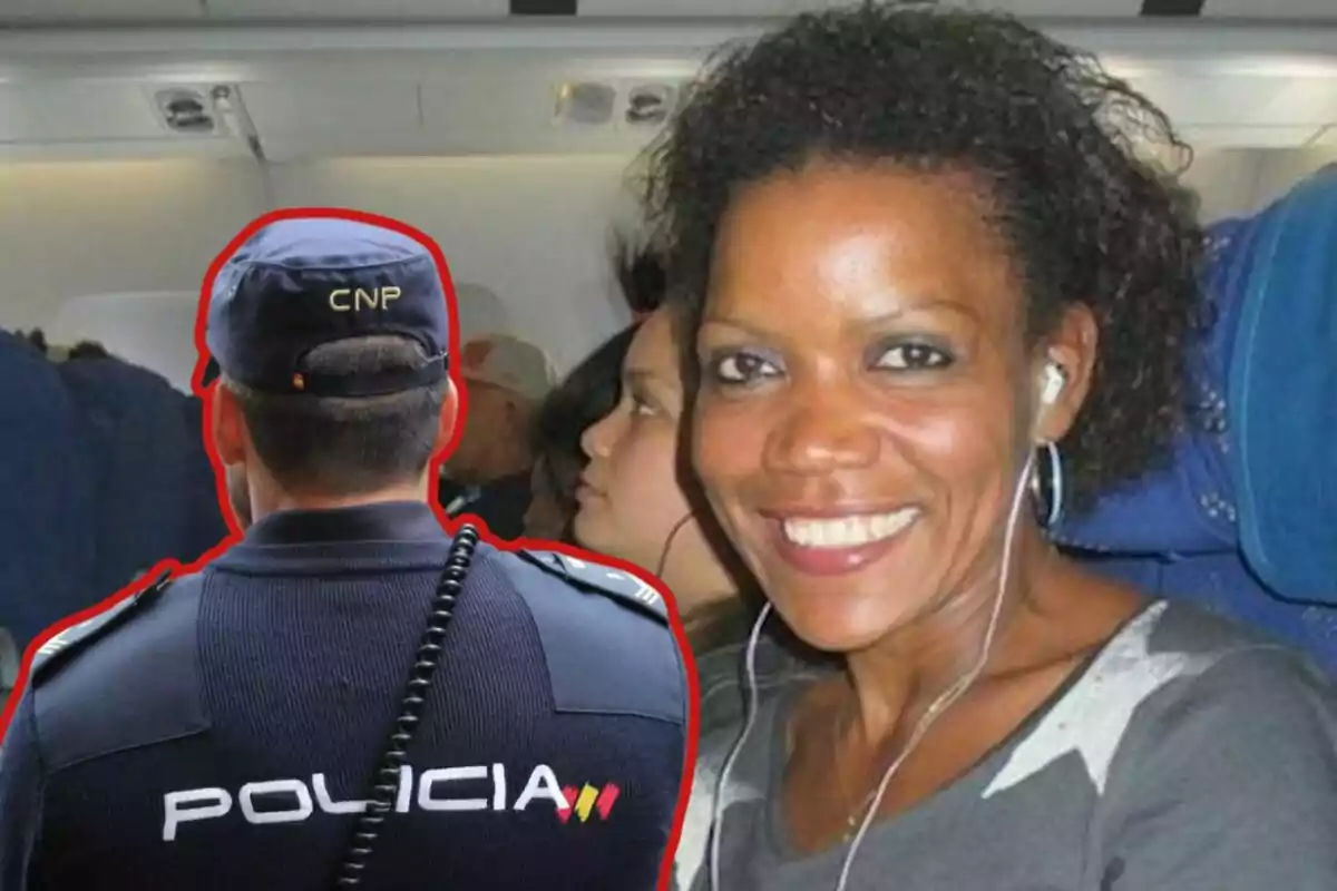 Una dona somrient amb auriculars asseguda en un avió i un policia d’esquena amb uniforme del cos nacional de policia destacat amb un contorn vermell