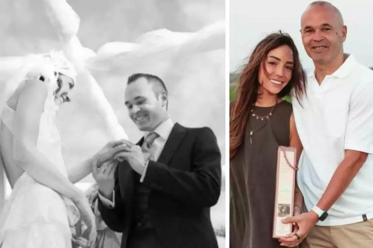 Una parella al seu casament intercanviant anells en una foto en blanc i negre al costat d’una imatge actual de la mateixa parella somrient i posant junts a l’aire lliure Una parella al seu casament intercanviant anells en una foto en blanc i negre al costat d’una imatge actual de la mateixa parella somrient i posant junts a l’aire lliure