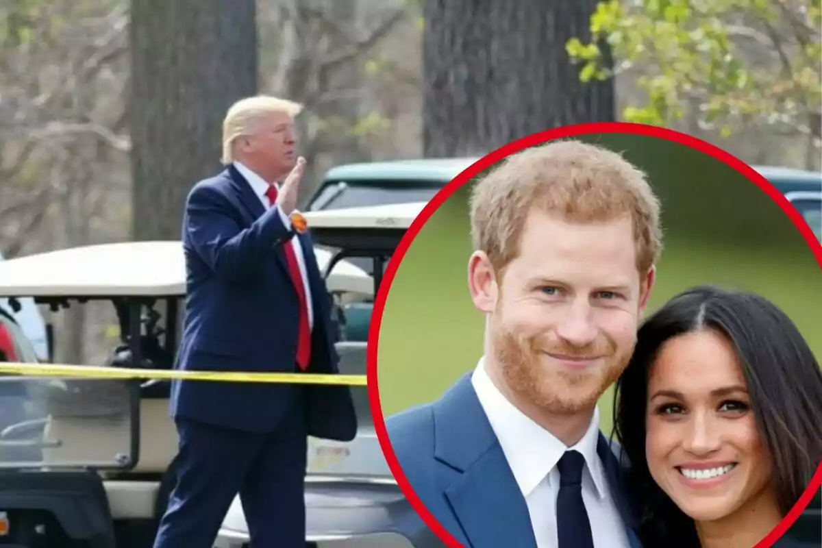 Un hombre de cabello rubio y traje azul camina al aire libre junto a un carrito de golf mientras en un círculo superpuesto aparecen una pareja sonriendo vestidos de manera formal